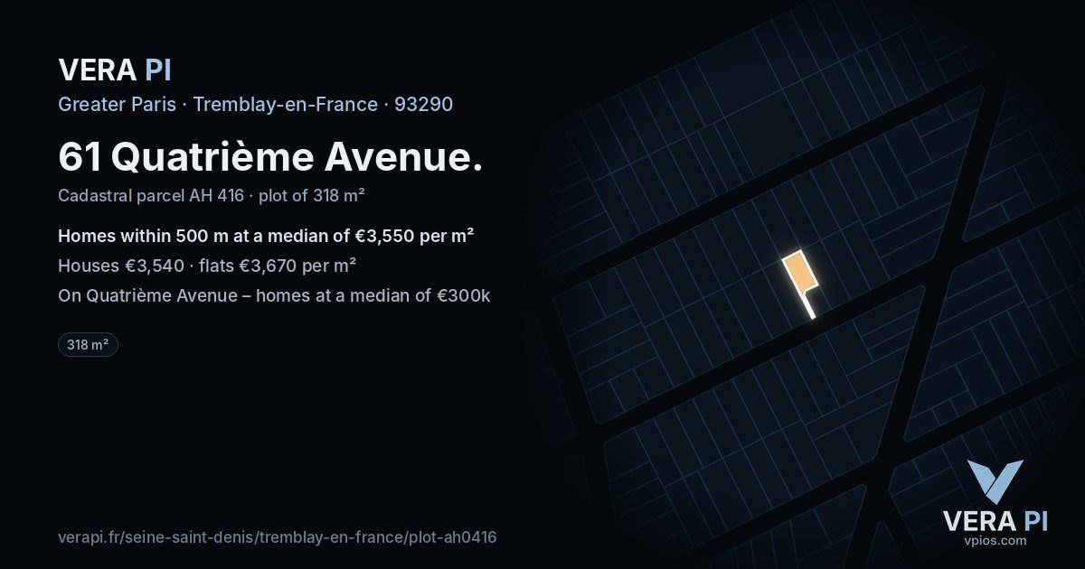 61 Quatrième Avenue, Tremblay-en-France at night – the plot lit, the parcels around coloured by the prices near them