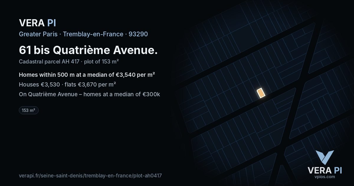 61 bis Quatrième Avenue, Tremblay-en-France at night – the plot lit, the parcels around coloured by the prices near them