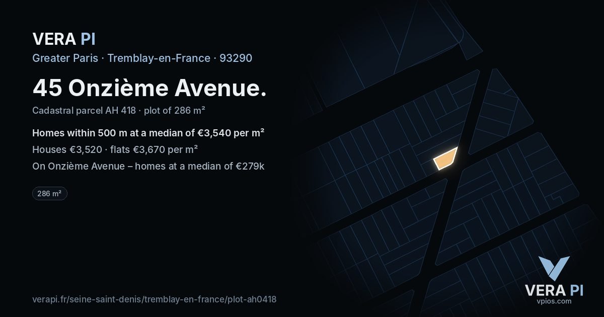 45 Onzième Avenue, Tremblay-en-France at night – the plot lit, the parcels around coloured by the prices near them