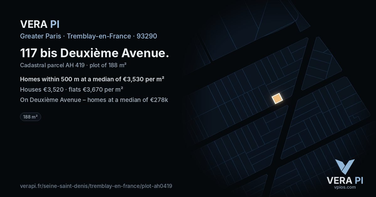 117 bis Deuxième Avenue, Tremblay-en-France at night – the plot lit, the parcels around coloured by the prices near them