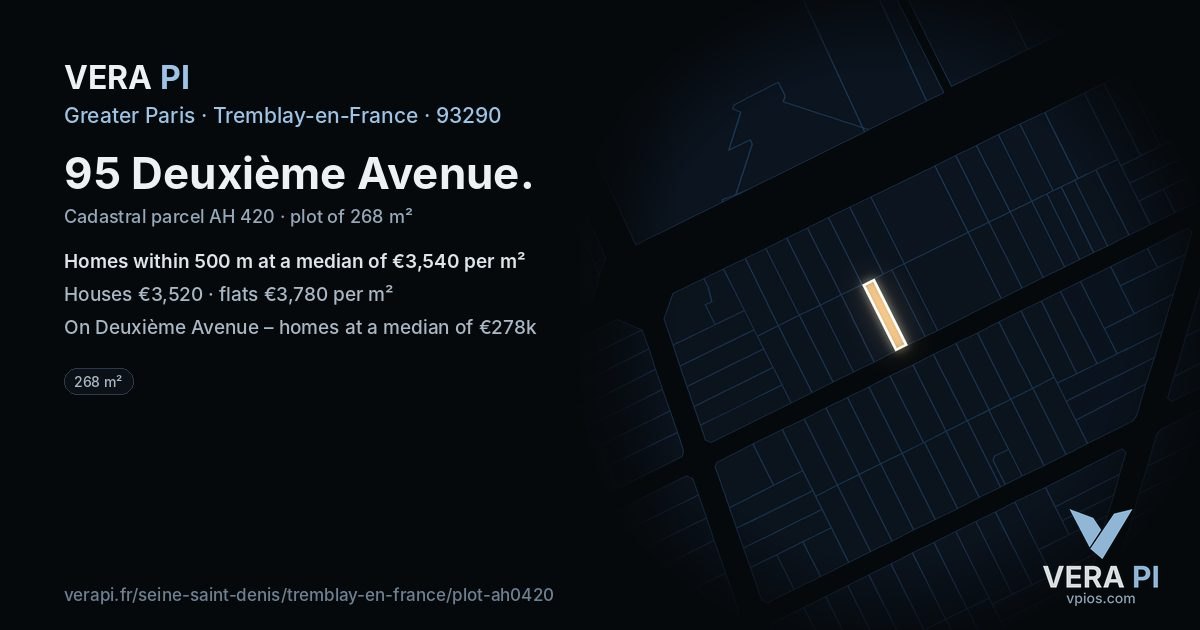 95 Deuxième Avenue, Tremblay-en-France at night – the plot lit, the parcels around coloured by the prices near them