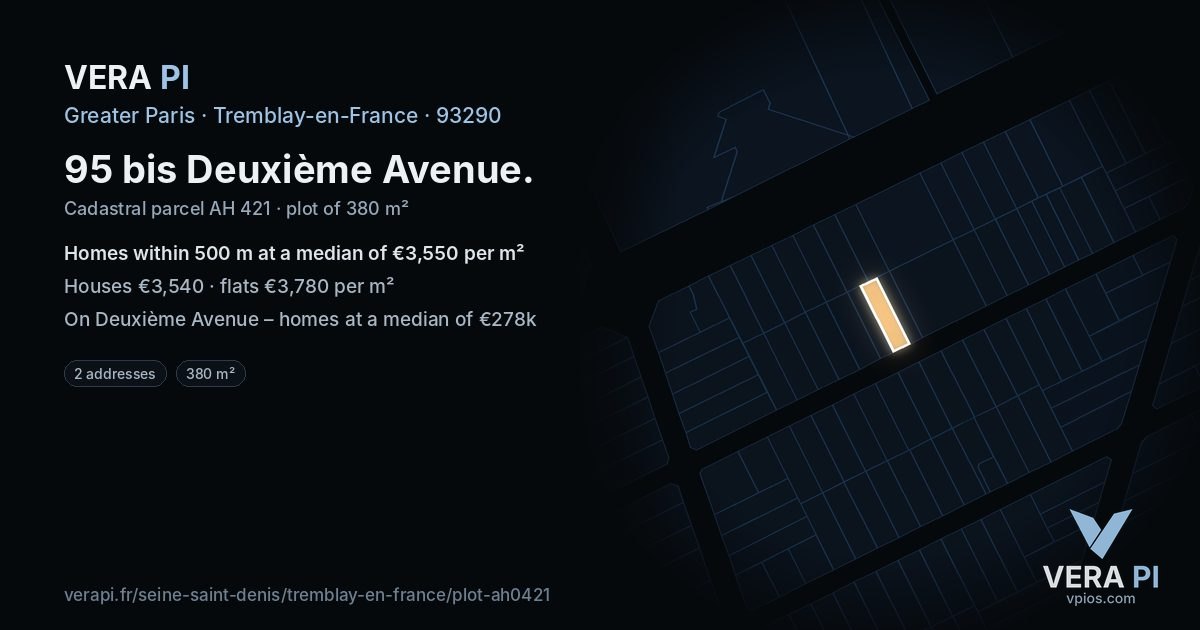 95 bis Deuxième Avenue, Tremblay-en-France at night – the plot lit, the parcels around coloured by the prices near them