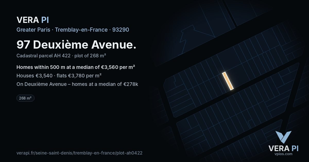 97 Deuxième Avenue, Tremblay-en-France at night – the plot lit, the parcels around coloured by the prices near them