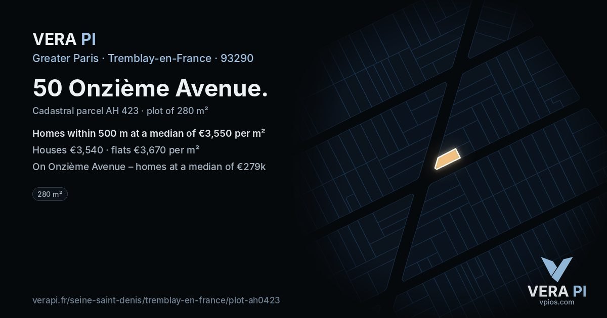 50 Onzième Avenue, Tremblay-en-France at night – the plot lit, the parcels around coloured by the prices near them