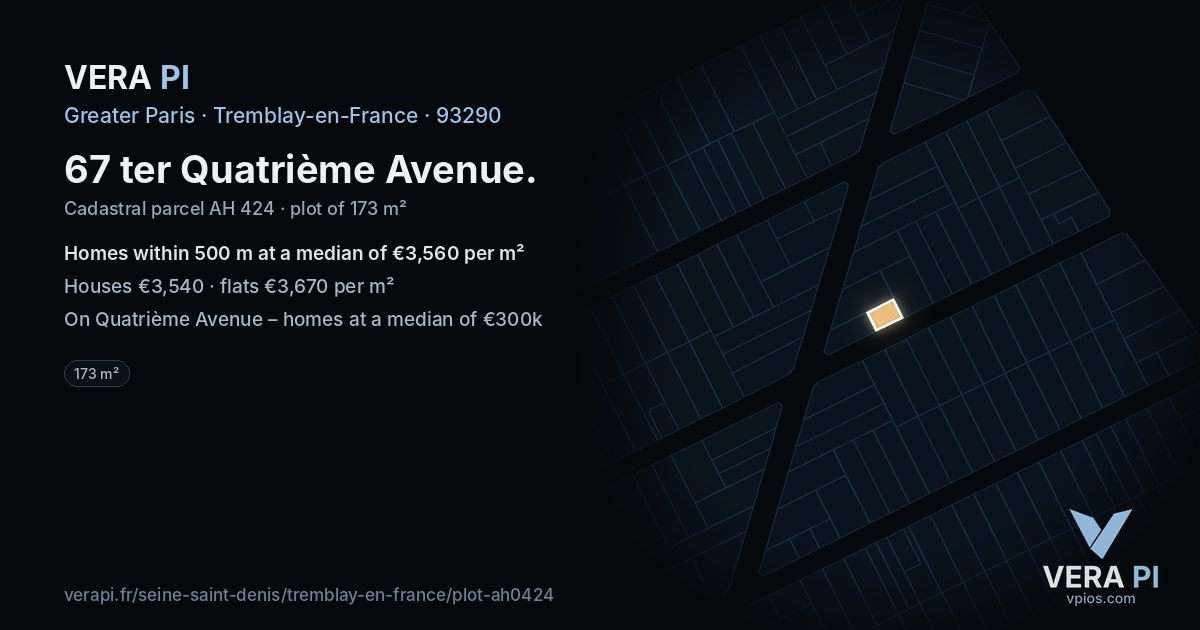 67 ter Quatrième Avenue, Tremblay-en-France at night – the plot lit, the parcels around coloured by the prices near them