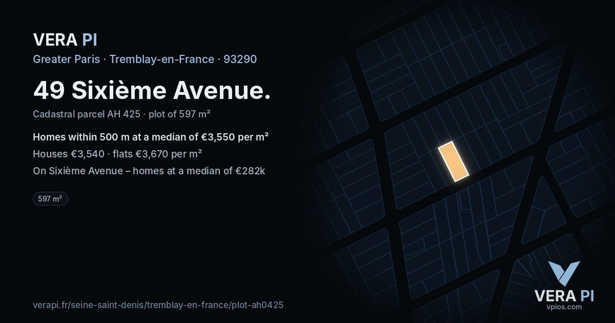 49 Sixième Avenue, Tremblay-en-France at night – the plot lit, the parcels around coloured by the prices near them