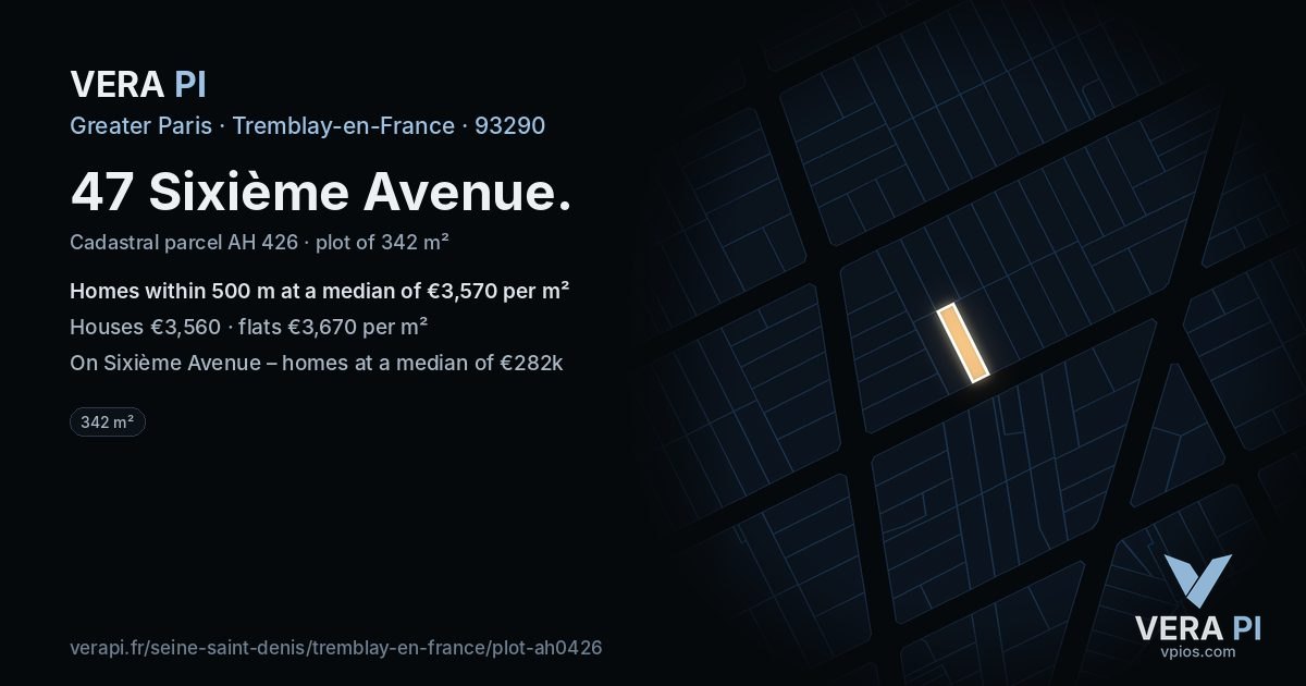 47 Sixième Avenue, Tremblay-en-France at night – the plot lit, the parcels around coloured by the prices near them
