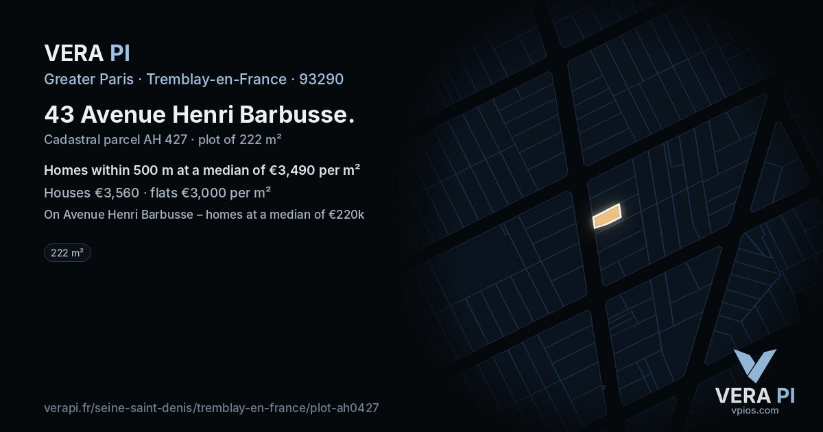 43 Avenue Henri Barbusse, Tremblay-en-France at night – the plot lit, the parcels around coloured by the prices near them