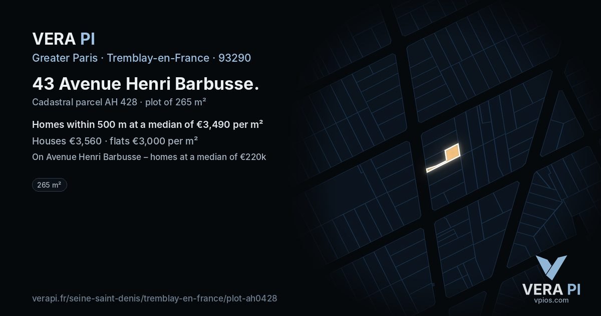 43 Avenue Henri Barbusse, Tremblay-en-France at night – the plot lit, the parcels around coloured by the prices near them
