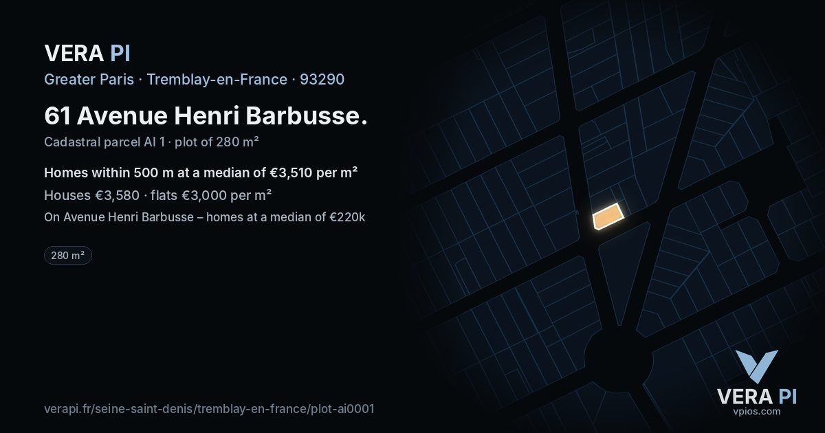 61 Avenue Henri Barbusse, Tremblay-en-France at night – the plot lit, the parcels around coloured by the prices near them