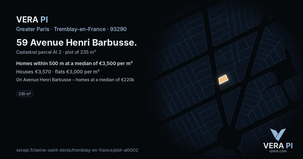 59 Avenue Henri Barbusse, Tremblay-en-France at night – the plot lit, the parcels around coloured by the prices near them