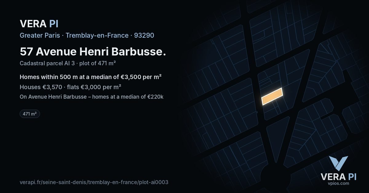57 Avenue Henri Barbusse, Tremblay-en-France at night – the plot lit, the parcels around coloured by the prices near them