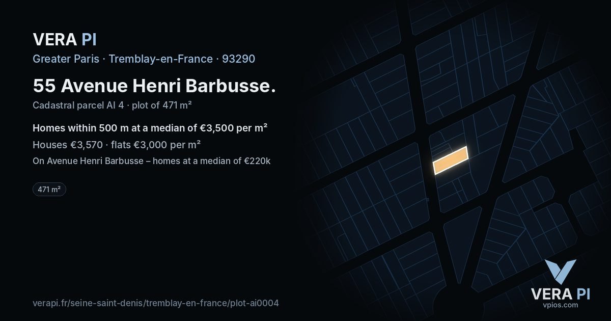 55 Avenue Henri Barbusse, Tremblay-en-France at night – the plot lit, the parcels around coloured by the prices near them