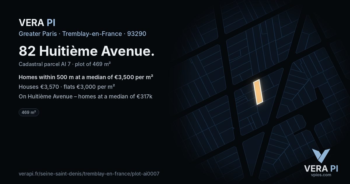 82 Huitième Avenue, Tremblay-en-France at night – the plot lit, the parcels around coloured by the prices near them