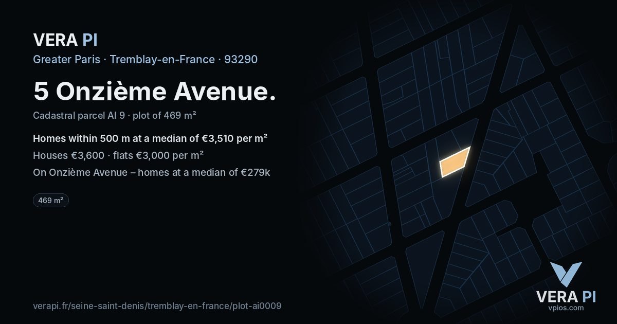 5 Onzième Avenue, Tremblay-en-France at night – the plot lit, the parcels around coloured by the prices near them