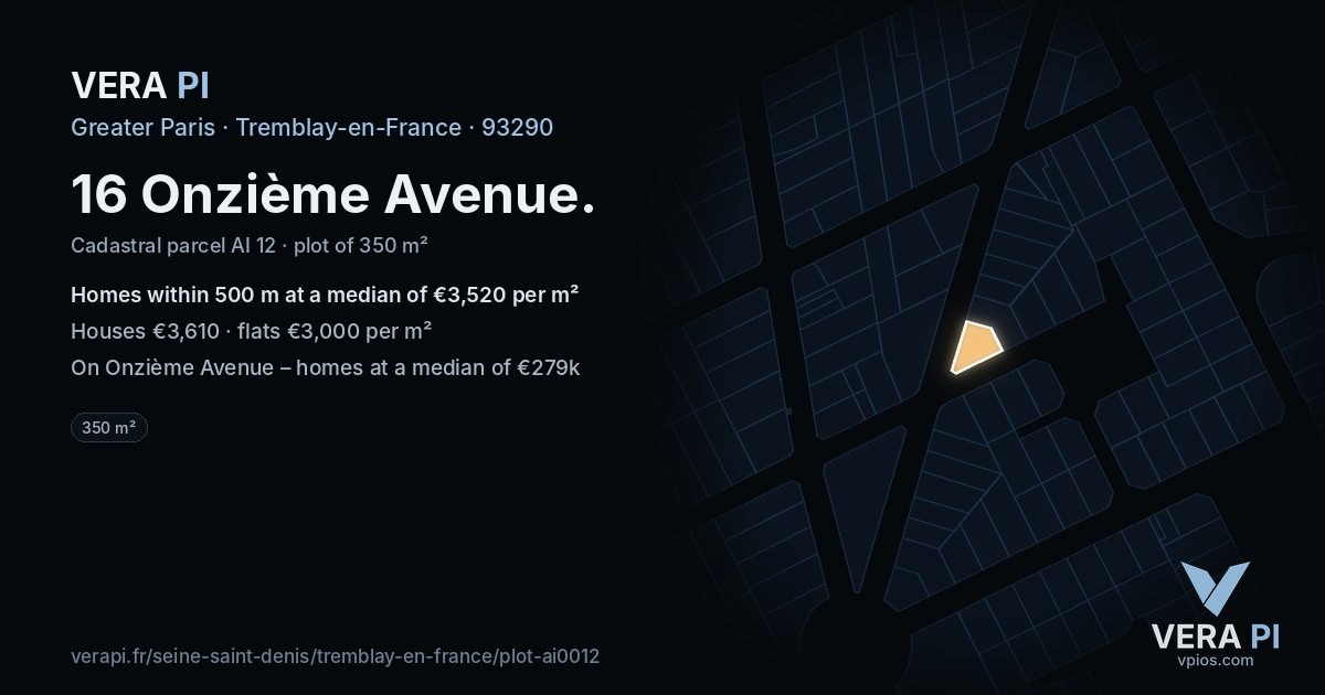 16 Onzième Avenue, Tremblay-en-France at night – the plot lit, the parcels around coloured by the prices near them