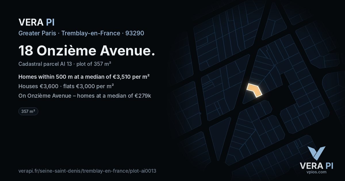18 Onzième Avenue, Tremblay-en-France at night – the plot lit, the parcels around coloured by the prices near them