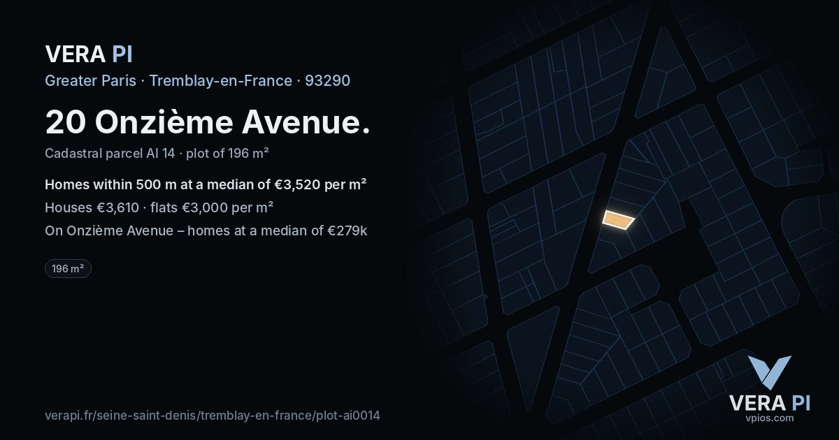 20 Onzième Avenue, Tremblay-en-France at night – the plot lit, the parcels around coloured by the prices near them