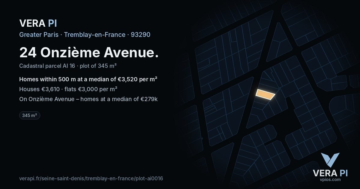 24 Onzième Avenue, Tremblay-en-France at night – the plot lit, the parcels around coloured by the prices near them