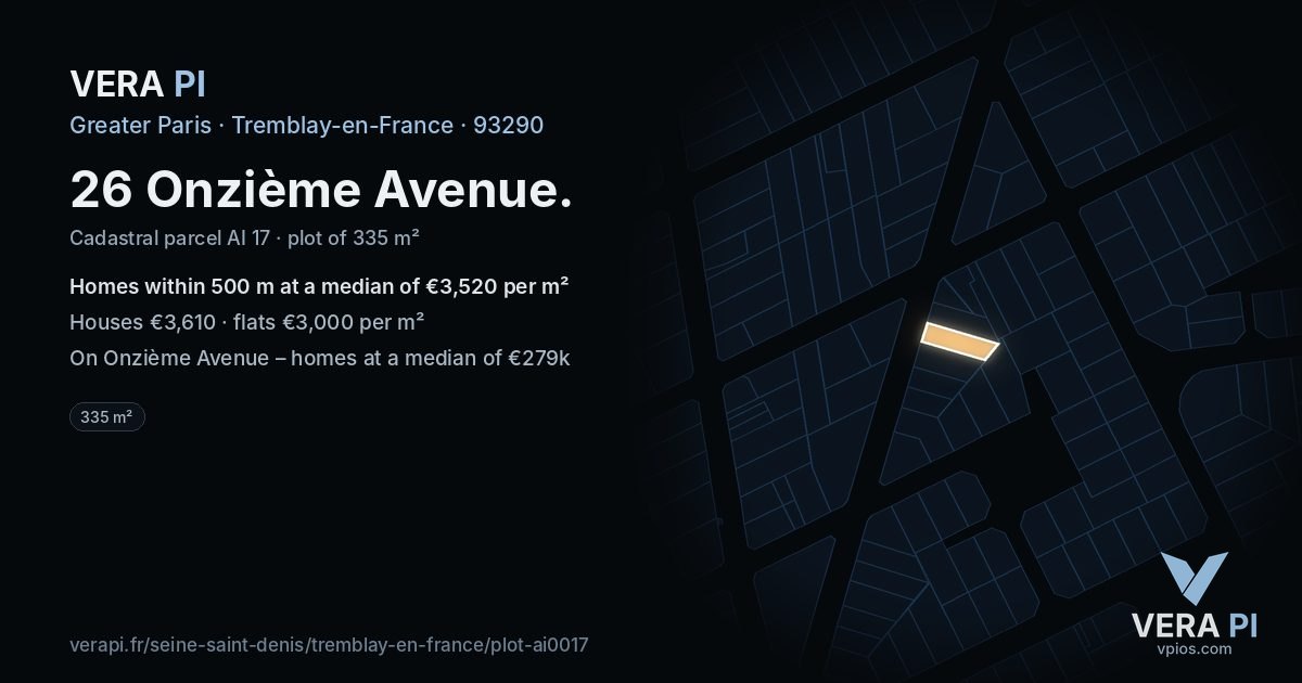 26 Onzième Avenue, Tremblay-en-France at night – the plot lit, the parcels around coloured by the prices near them