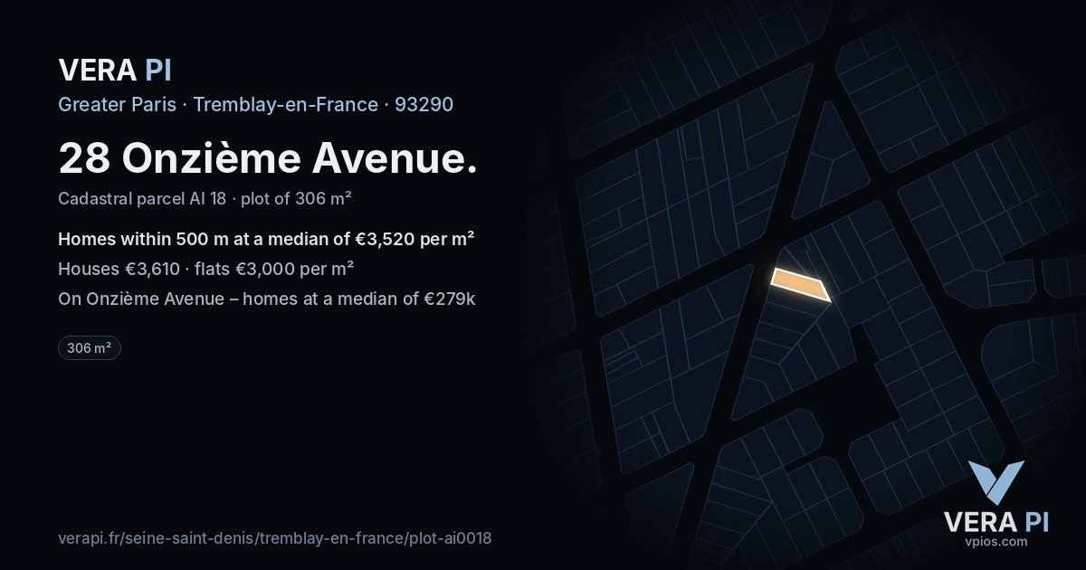 28 Onzième Avenue, Tremblay-en-France at night – the plot lit, the parcels around coloured by the prices near them
