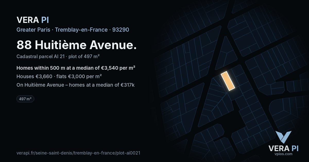 88 Huitième Avenue, Tremblay-en-France at night – the plot lit, the parcels around coloured by the prices near them
