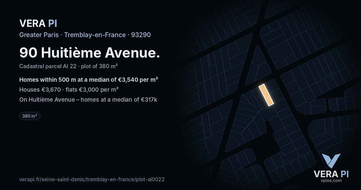 90 Huitième Avenue, Tremblay-en-France at night – the plot lit, the parcels around coloured by the prices near them