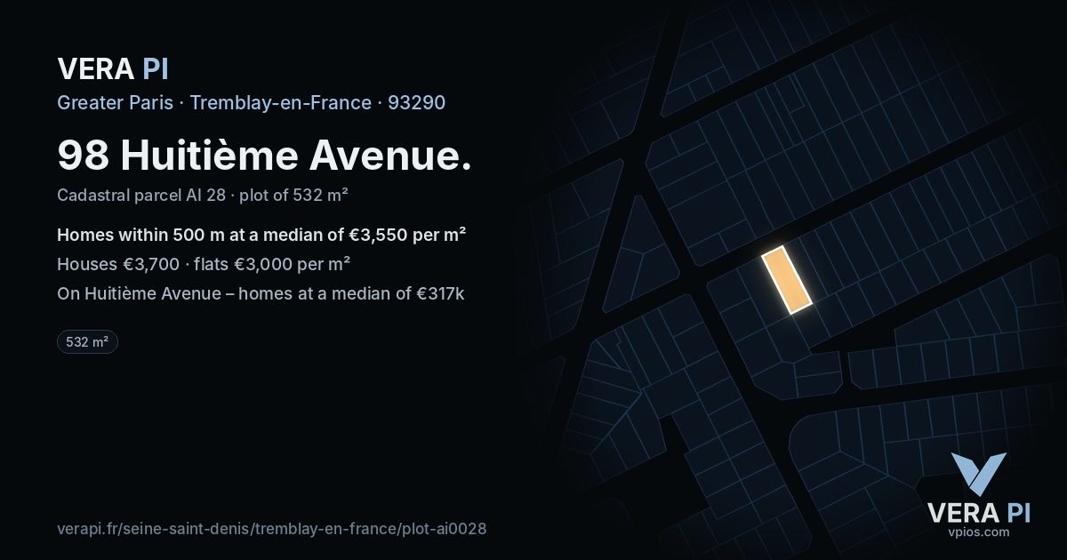 98 Huitième Avenue, Tremblay-en-France at night – the plot lit, the parcels around coloured by the prices near them