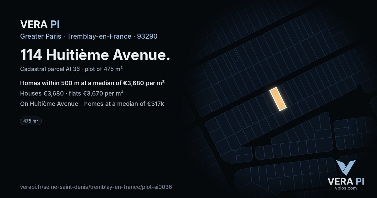 114 Huitième Avenue, Tremblay-en-France at night – the plot lit, the parcels around coloured by the prices near them