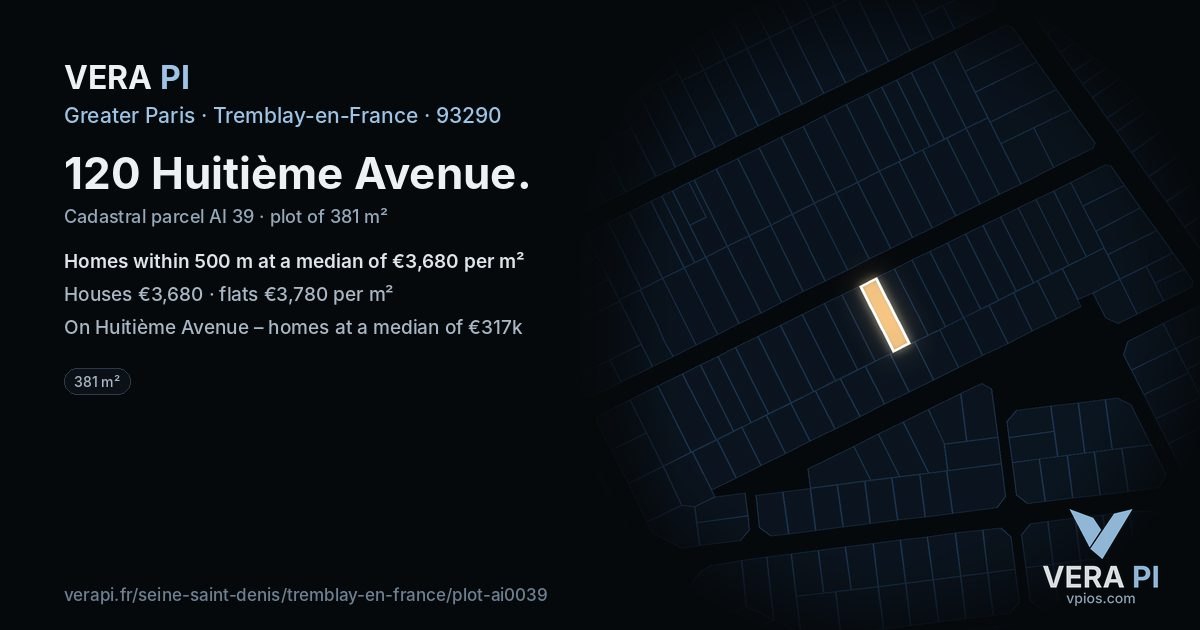 120 Huitième Avenue, Tremblay-en-France at night – the plot lit, the parcels around coloured by the prices near them