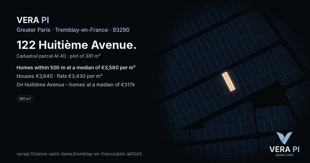 122 Huitième Avenue, Tremblay-en-France at night – the plot lit, the parcels around coloured by the prices near them
