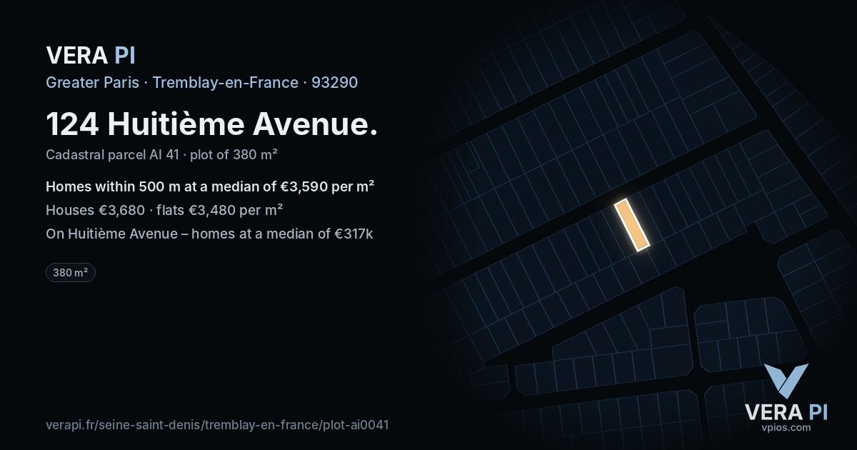 124 Huitième Avenue, Tremblay-en-France at night – the plot lit, the parcels around coloured by the prices near them