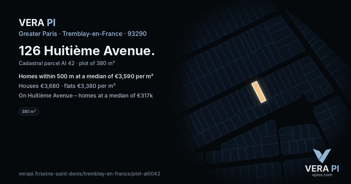 126 Huitième Avenue, Tremblay-en-France at night – the plot lit, the parcels around coloured by the prices near them