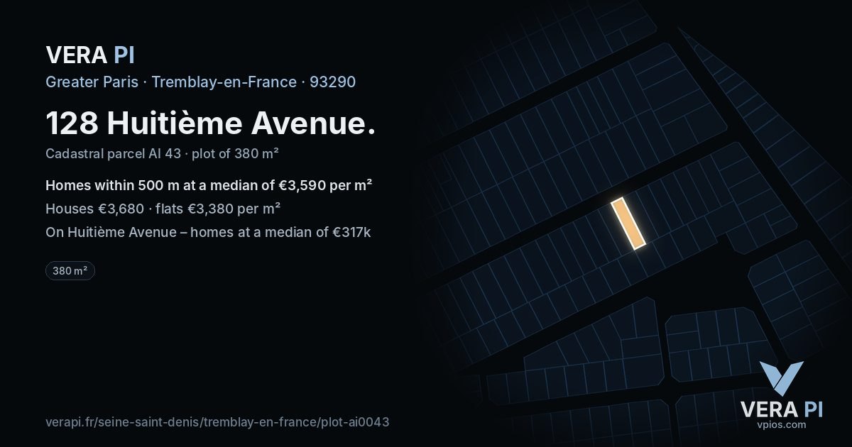 128 Huitième Avenue, Tremblay-en-France at night – the plot lit, the parcels around coloured by the prices near them