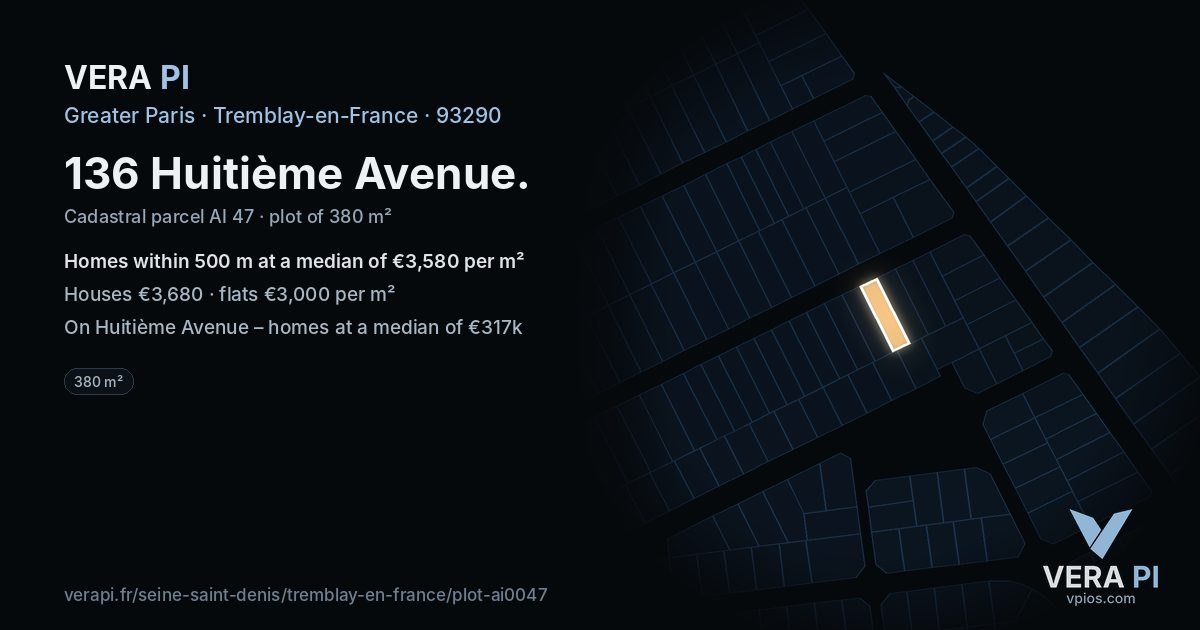 136 Huitième Avenue, Tremblay-en-France at night – the plot lit, the parcels around coloured by the prices near them