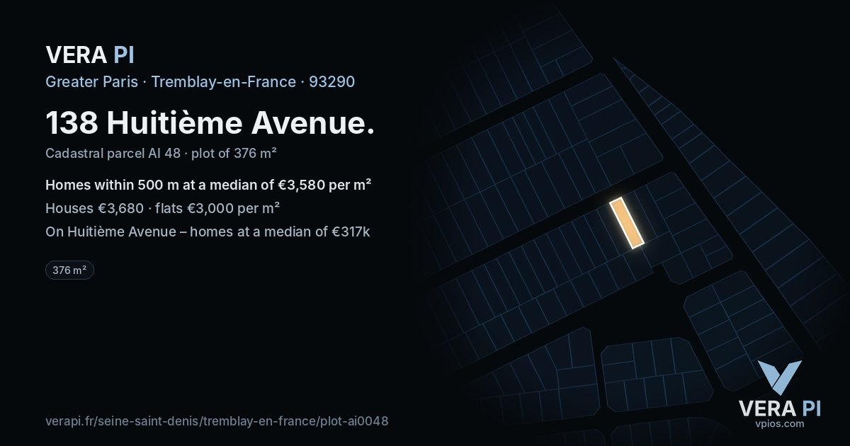 138 Huitième Avenue, Tremblay-en-France at night – the plot lit, the parcels around coloured by the prices near them