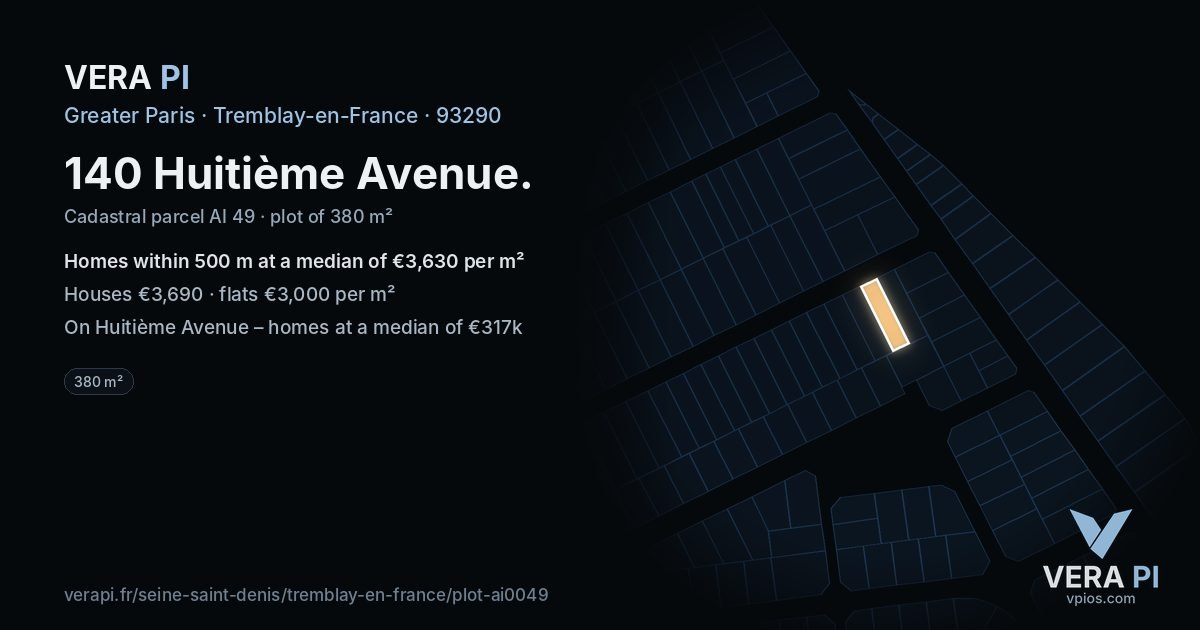 140 Huitième Avenue, Tremblay-en-France at night – the plot lit, the parcels around coloured by the prices near them