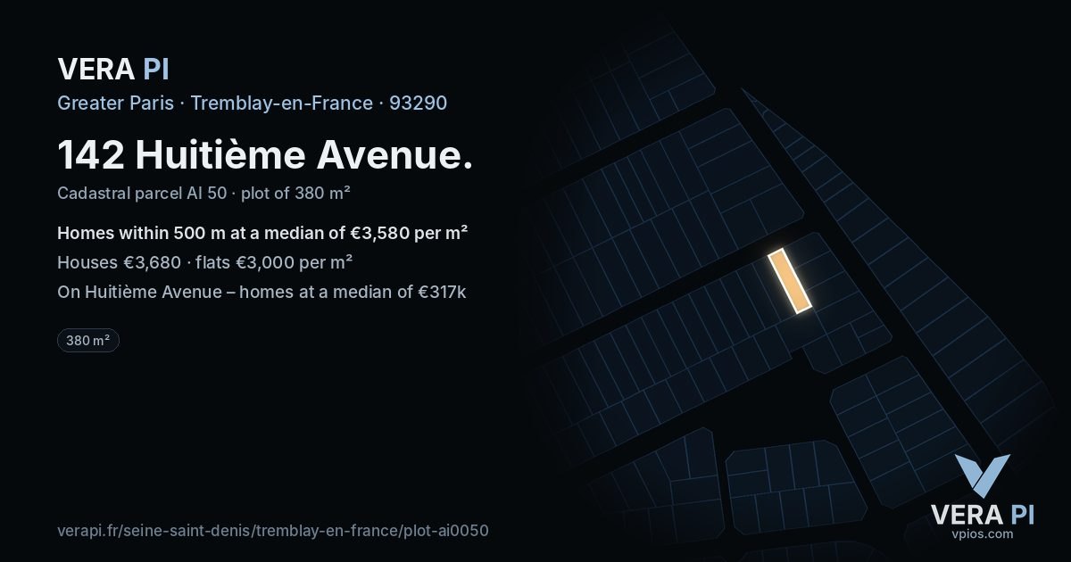 142 Huitième Avenue, Tremblay-en-France at night – the plot lit, the parcels around coloured by the prices near them