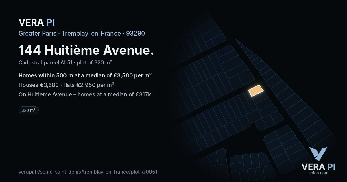 144 Huitième Avenue, Tremblay-en-France at night – the plot lit, the parcels around coloured by the prices near them