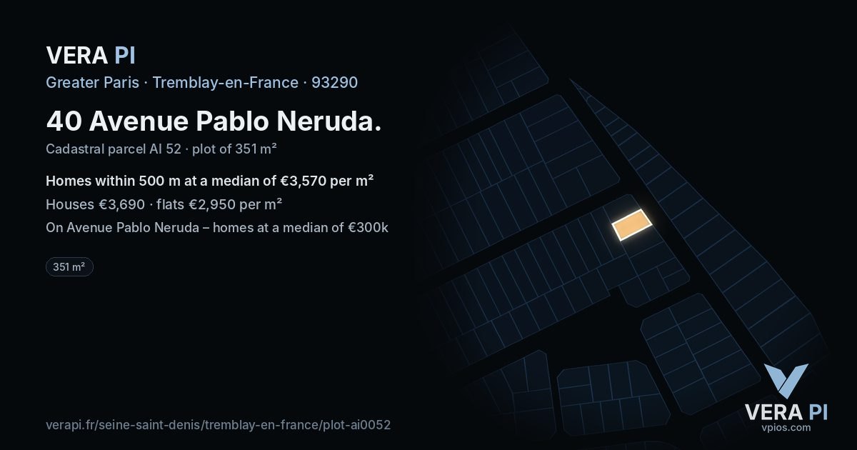 40 Avenue Pablo Neruda, Tremblay-en-France at night – the plot lit, the parcels around coloured by the prices near them
