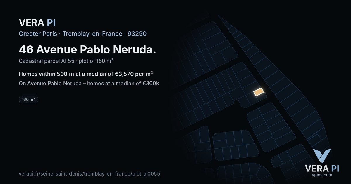 46 Avenue Pablo Neruda, Tremblay-en-France at night – the plot lit, the parcels around coloured by the prices near them