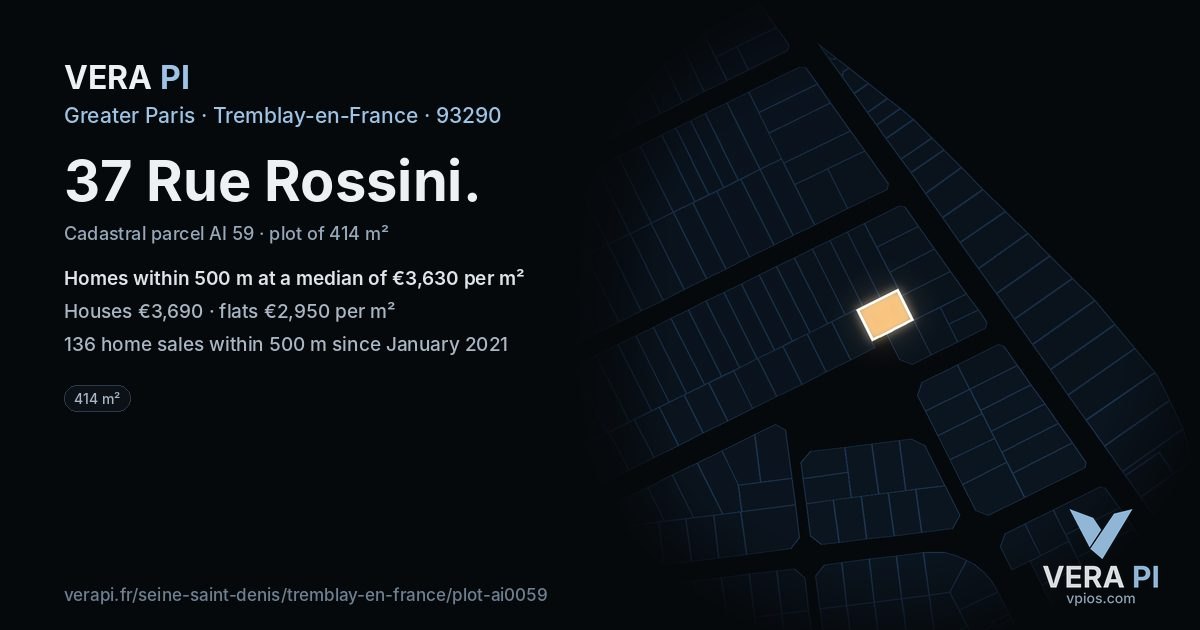 37 Rue Rossini, Tremblay-en-France at night – the plot lit, the parcels around coloured by the prices near them