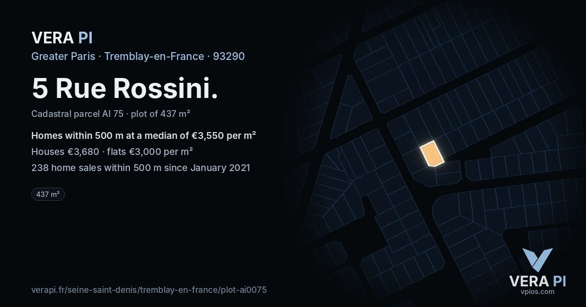 5 Rue Rossini, Tremblay-en-France at night – the plot lit, the parcels around coloured by the prices near them