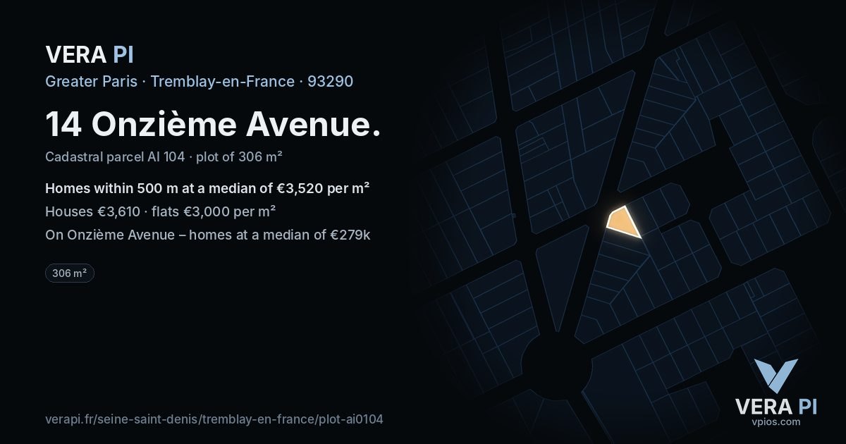 14 Onzième Avenue, Tremblay-en-France at night – the plot lit, the parcels around coloured by the prices near them