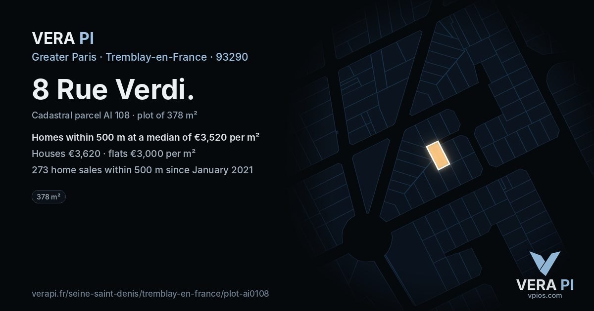 8 Rue Verdi, Tremblay-en-France at night – the plot lit, the parcels around coloured by the prices near them