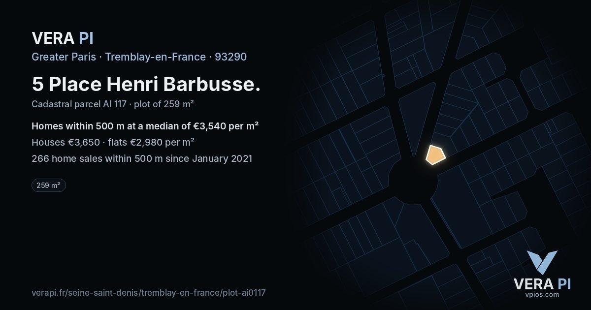 5 Place Henri Barbusse, Tremblay-en-France at night – the plot lit, the parcels around coloured by the prices near them