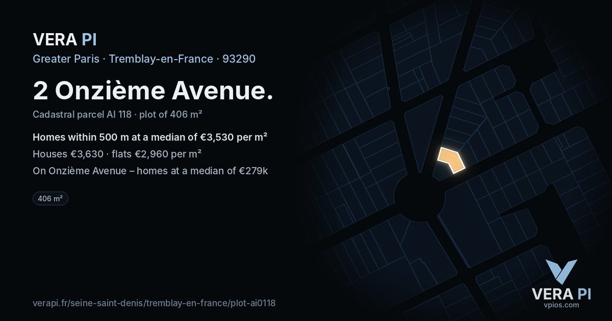 2 Onzième Avenue, Tremblay-en-France at night – the plot lit, the parcels around coloured by the prices near them