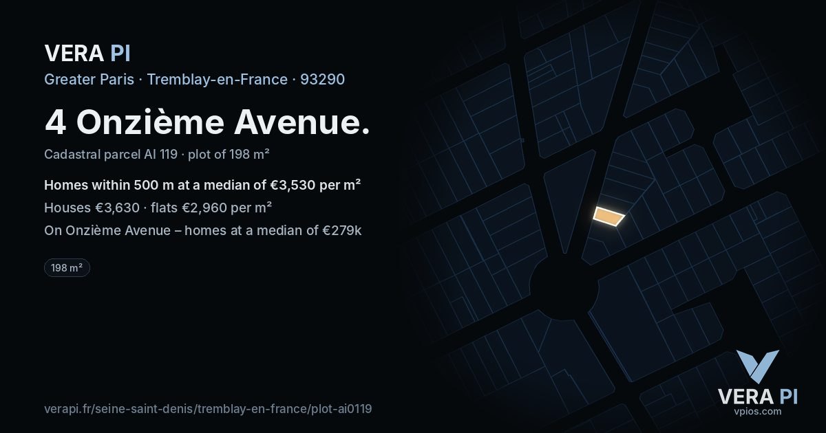 4 Onzième Avenue, Tremblay-en-France at night – the plot lit, the parcels around coloured by the prices near them