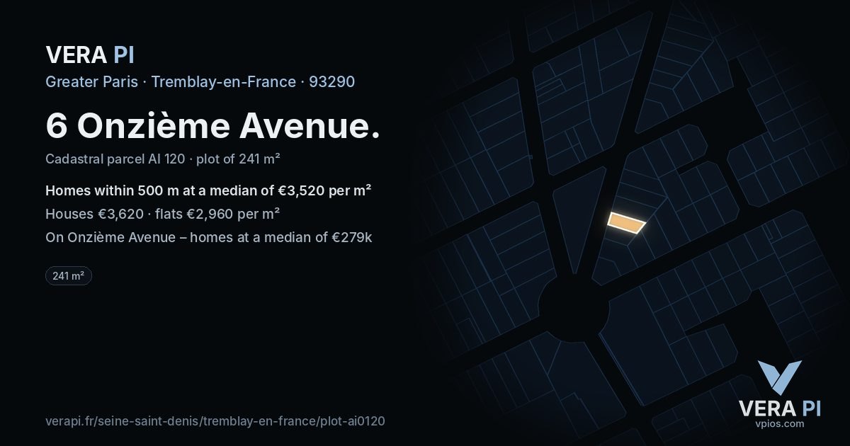 6 Onzième Avenue, Tremblay-en-France at night – the plot lit, the parcels around coloured by the prices near them