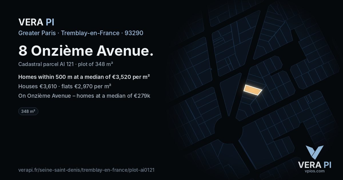 8 Onzième Avenue, Tremblay-en-France at night – the plot lit, the parcels around coloured by the prices near them